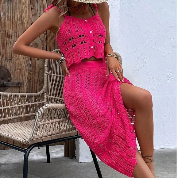 . Dresses & Skirts - Pink Womens Button Front Tie Shoulder Knit Top & Sweater Skirt